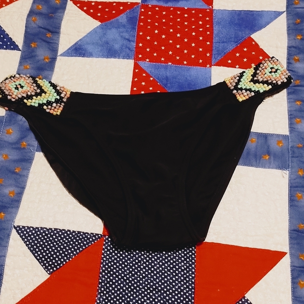 NWT Xhilaration Black Bikini Bottom with Beaded Multicolor Accents (#D-16)
